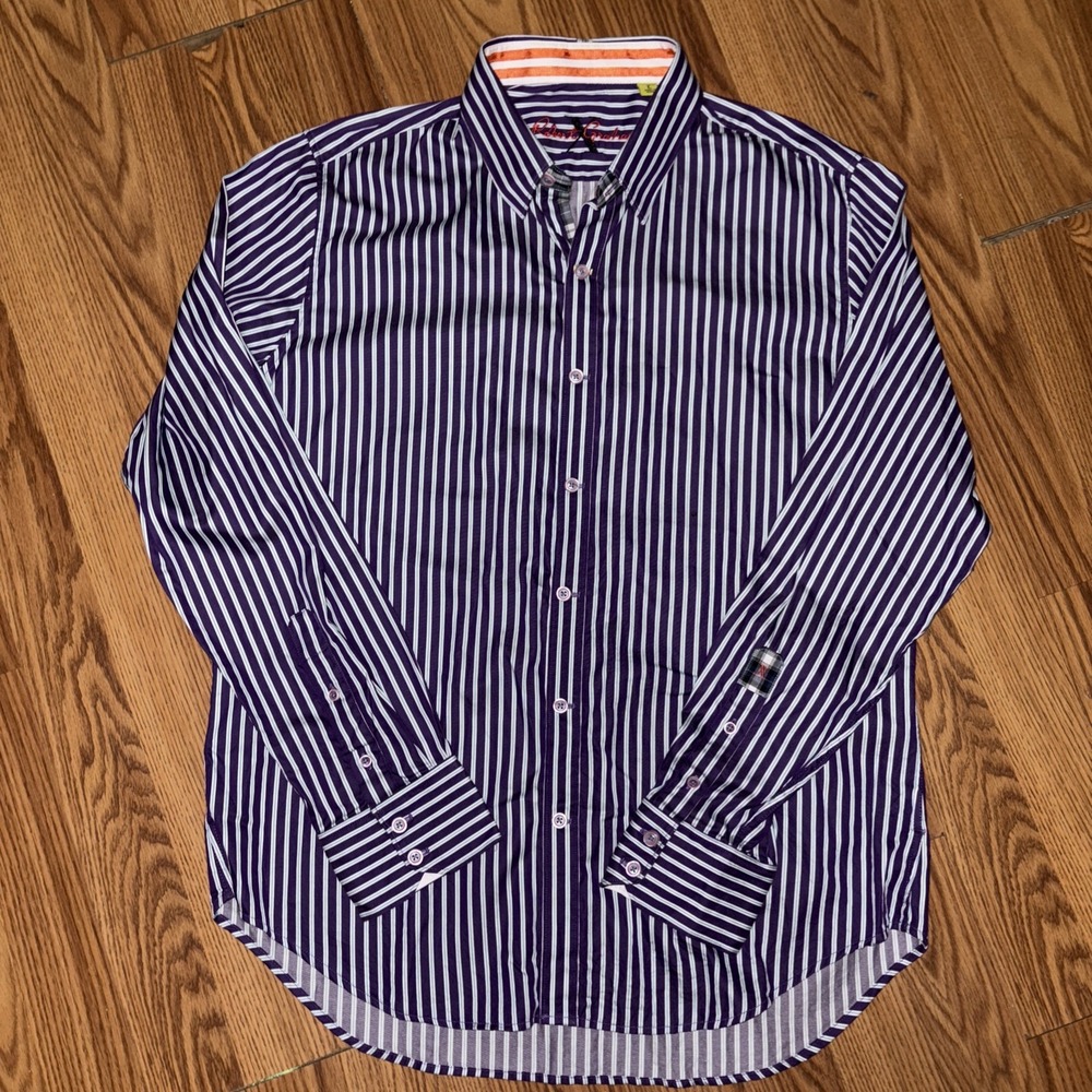 Robert Graham Purple/White Striped‎ Long Sleeve Flip Cuff Button Up Shirt Size L